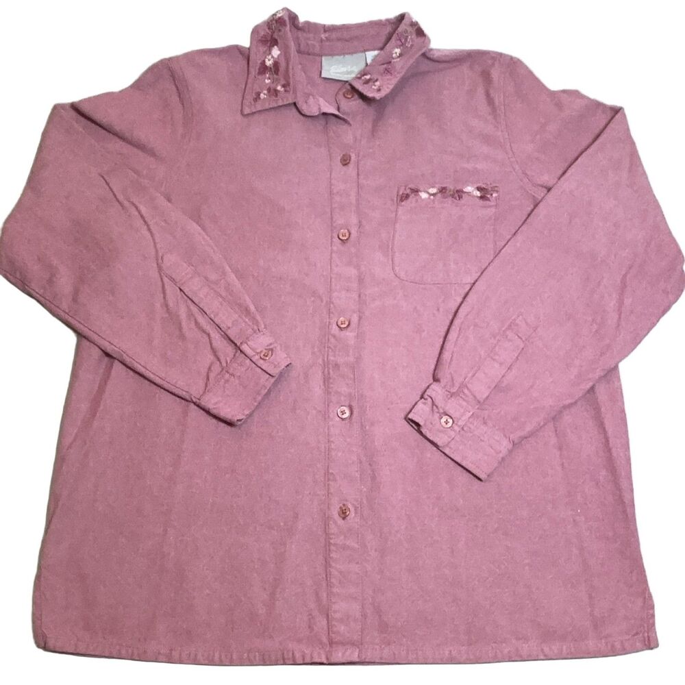 Blair Floral Embroidered Button-Up Shirt Women's L Dusty Rose Cotton Long Sleeve